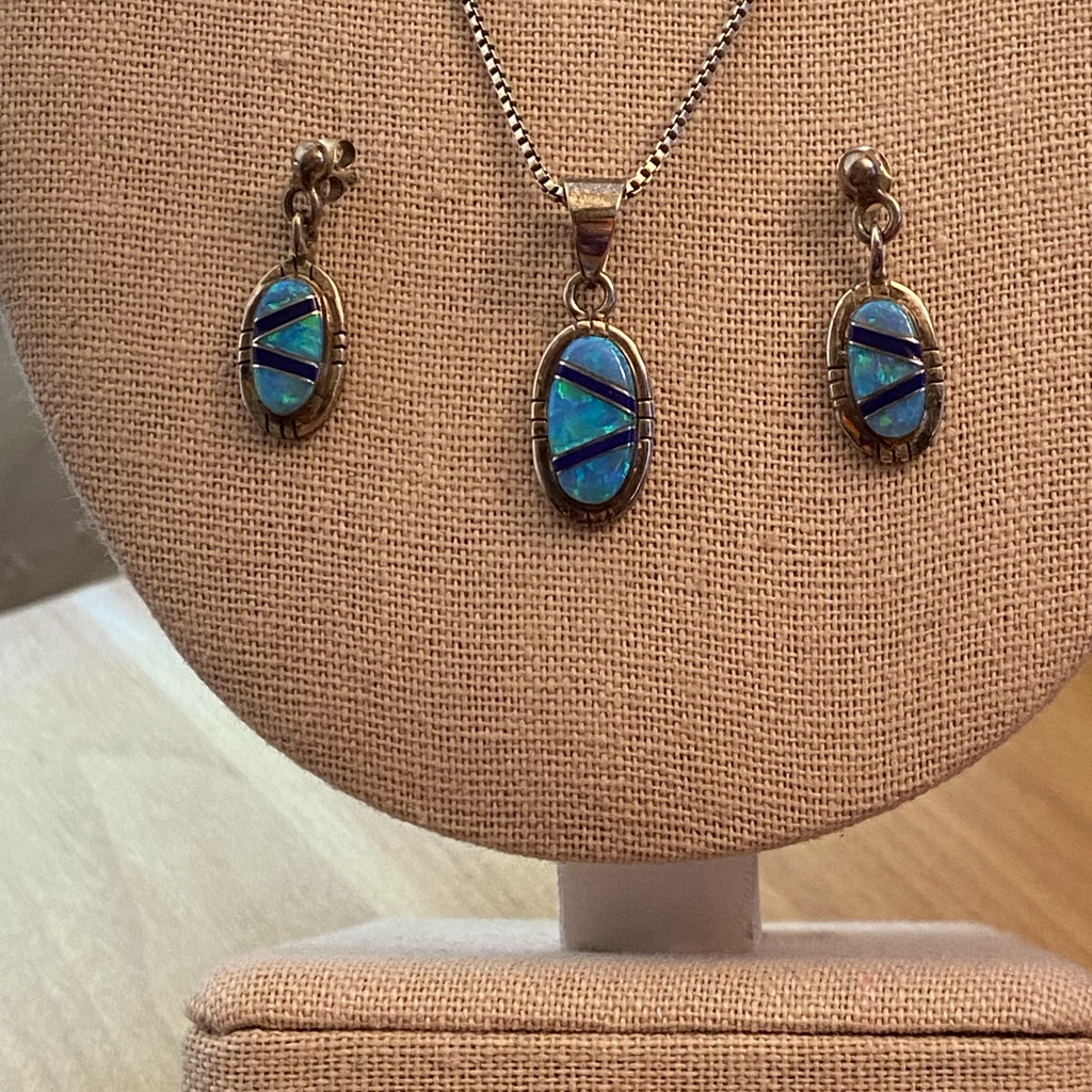 Vintage Signed Native Inlay Lapis And Blue Opal 925 Sterling Silver Jewelry Set